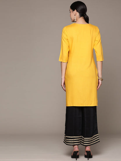 Straight Style Rayon Fabric Yellow Color Kurta