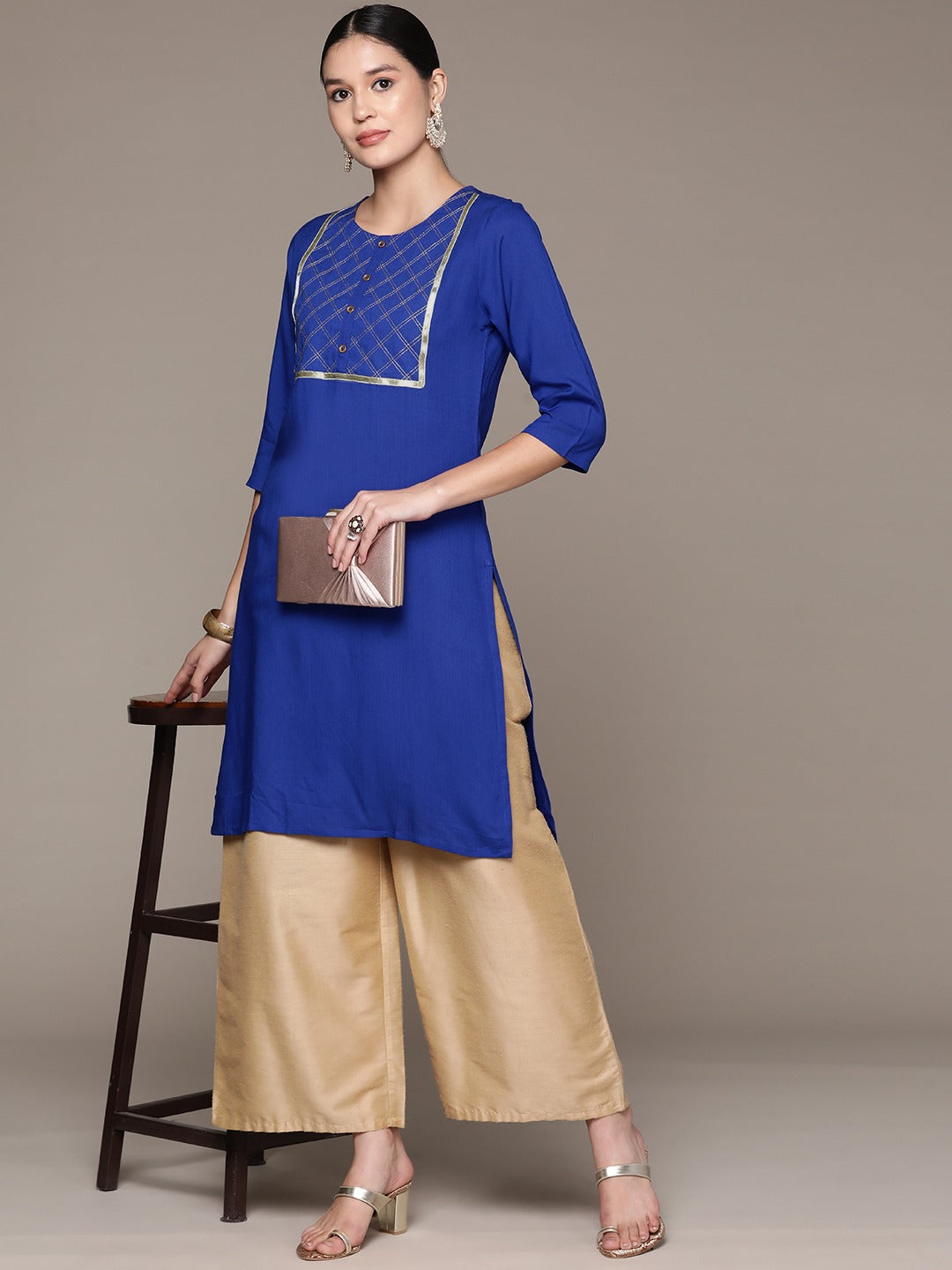 Straight Style Rayon Fabric Blue Color Kurta