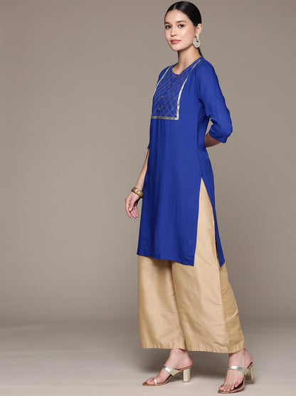 Straight Style Rayon Fabric Blue Color Kurta