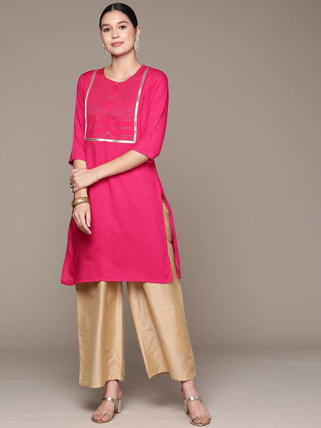 Straight Style Rayon Fabric Pink Color Kurta