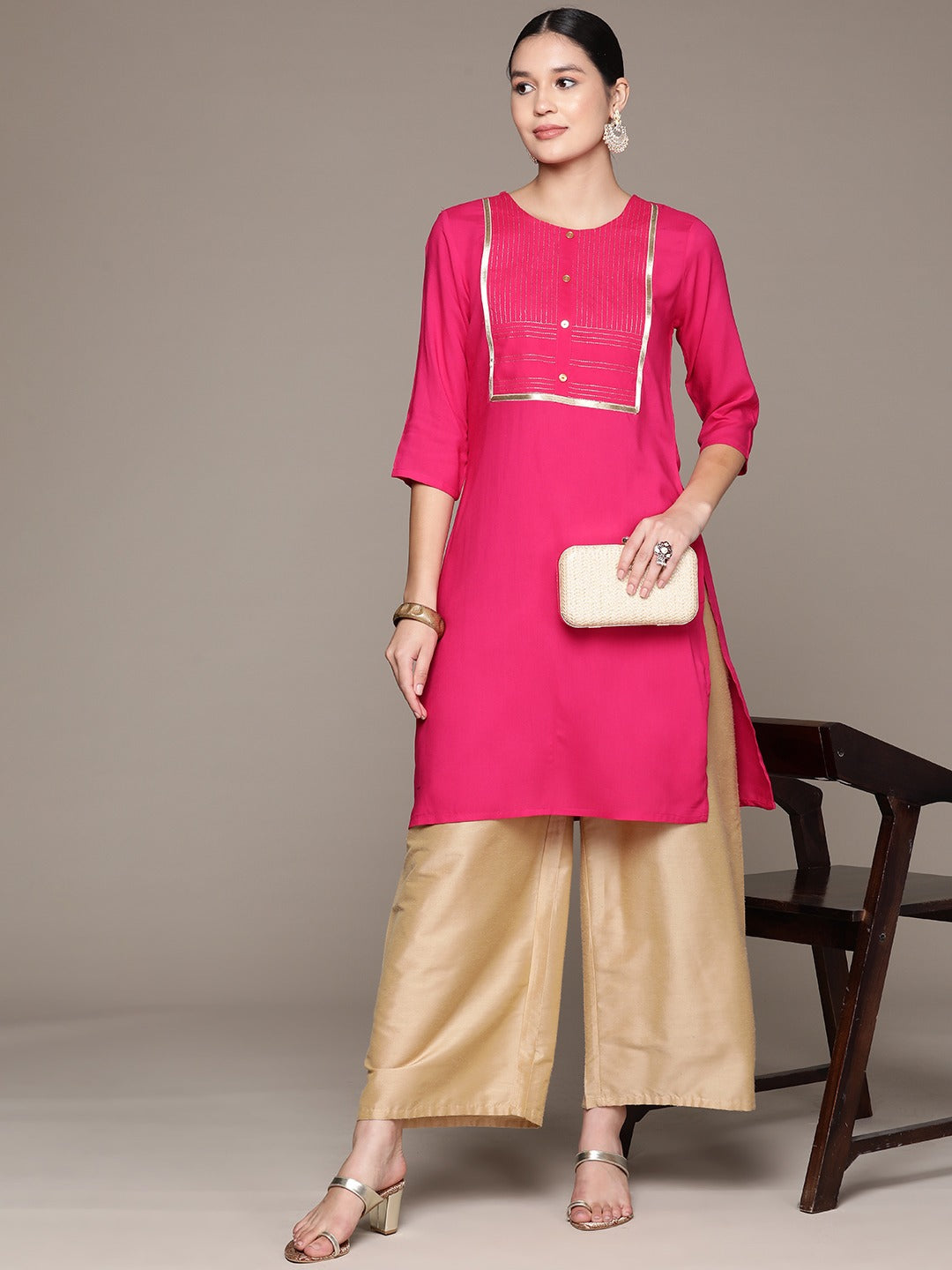 Straight Style Rayon Fabric Pink Color Kurta