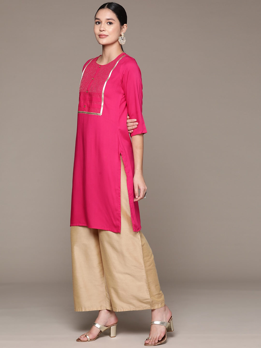 Straight Style Rayon Fabric Pink Color Kurta