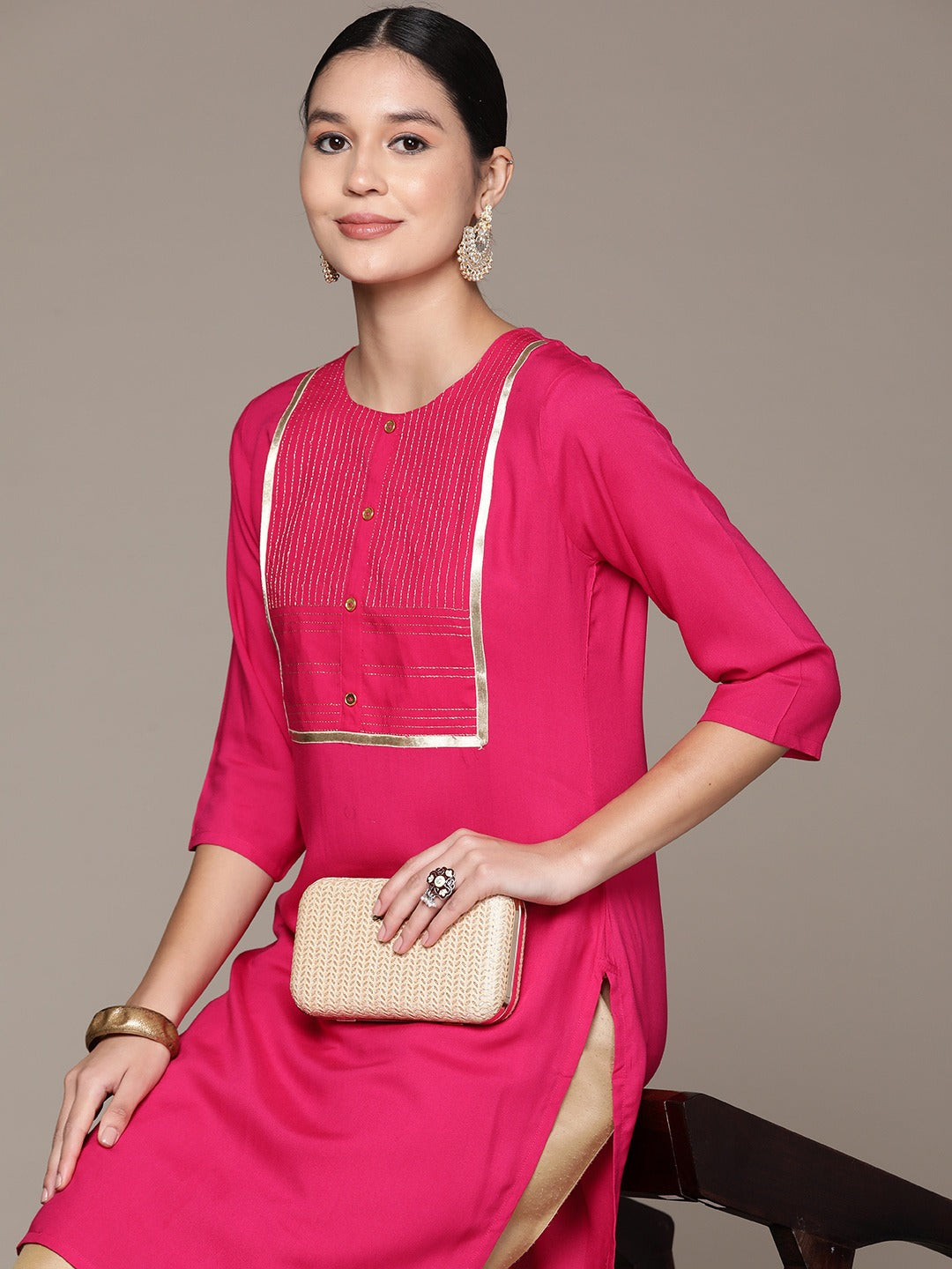 Straight Style Rayon Fabric Pink Color Kurta