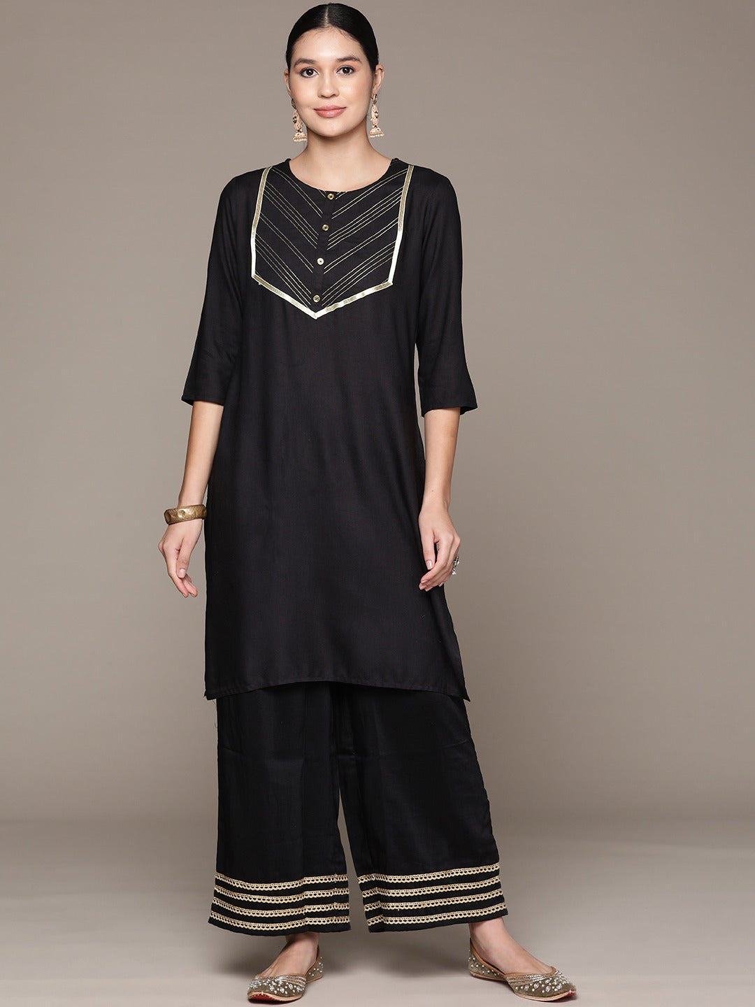 Straight Style Rayon Fabric Black Color Kurta