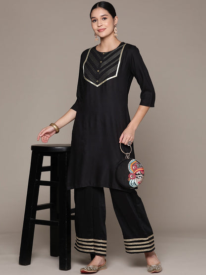 Straight Style Rayon Fabric Black Color Kurta