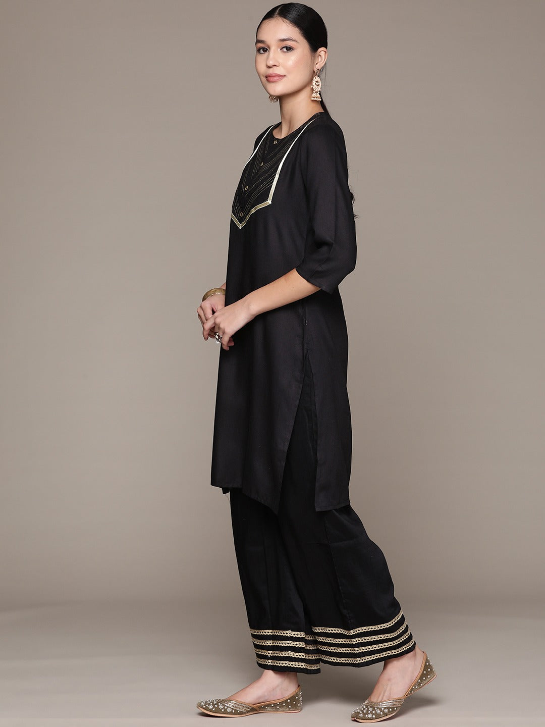 Straight Style Rayon Fabric Black Color Kurta