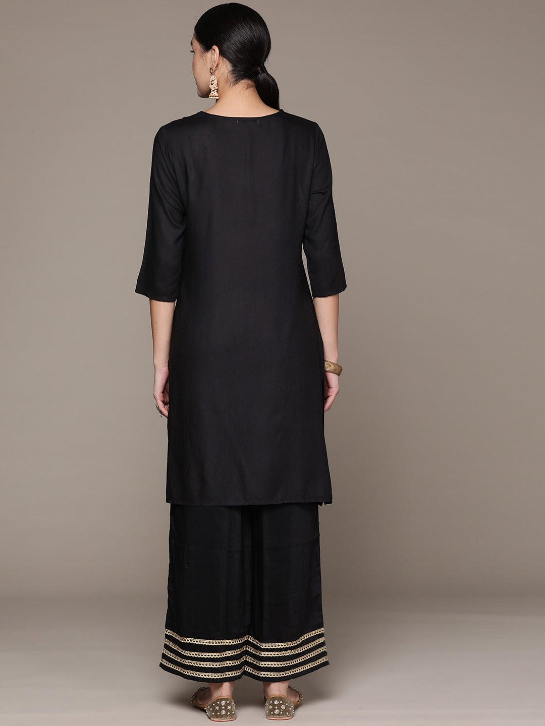 Straight Style Rayon Fabric Black Color Kurta