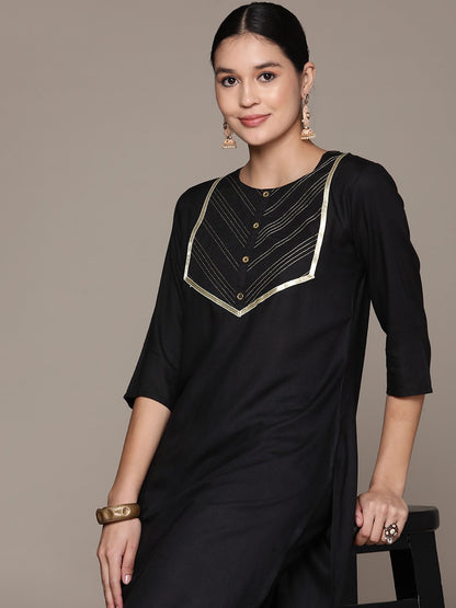 Straight Style Rayon Fabric Black Color Kurta