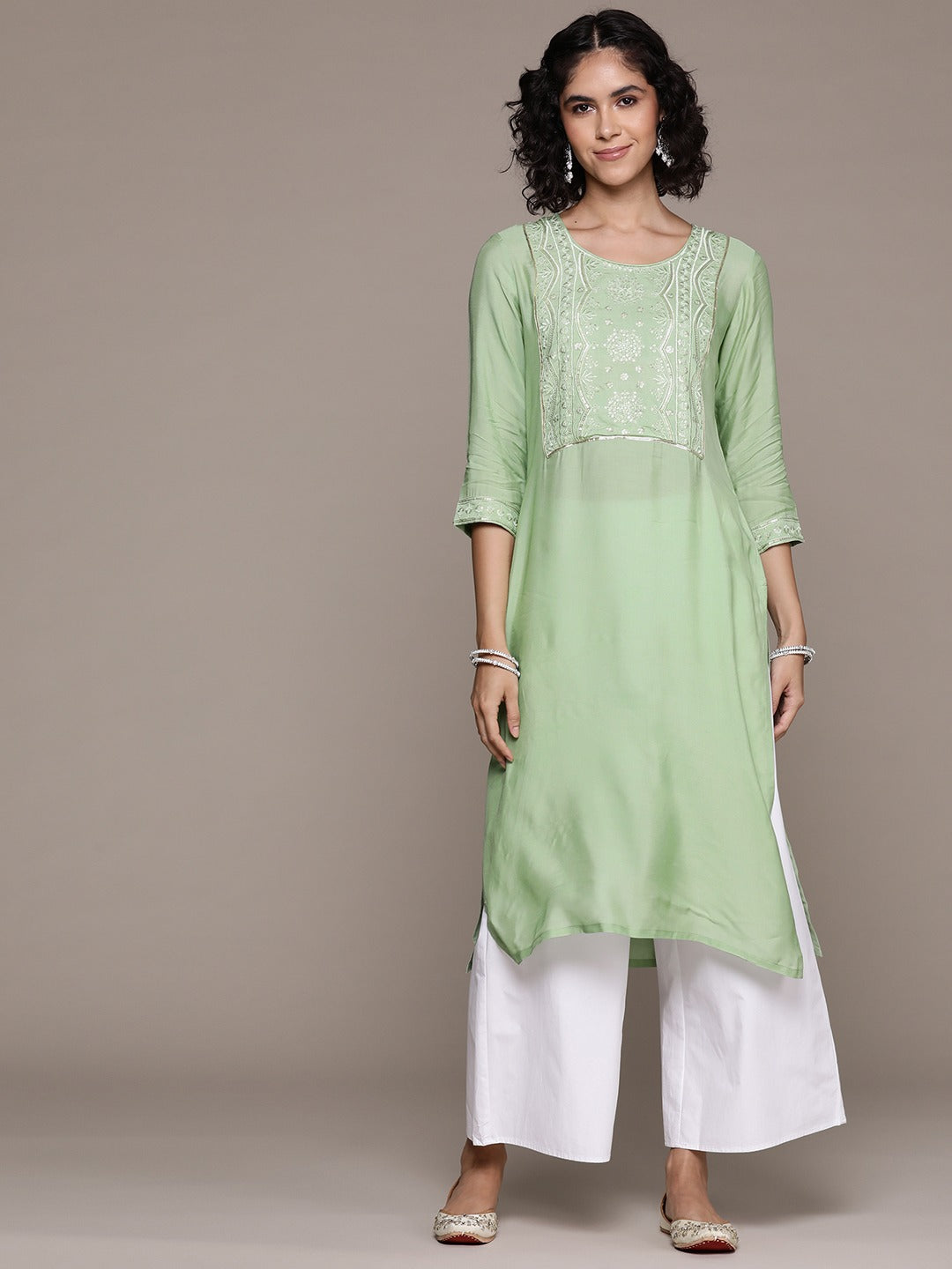 Straight style Silk fabric Green color kurta