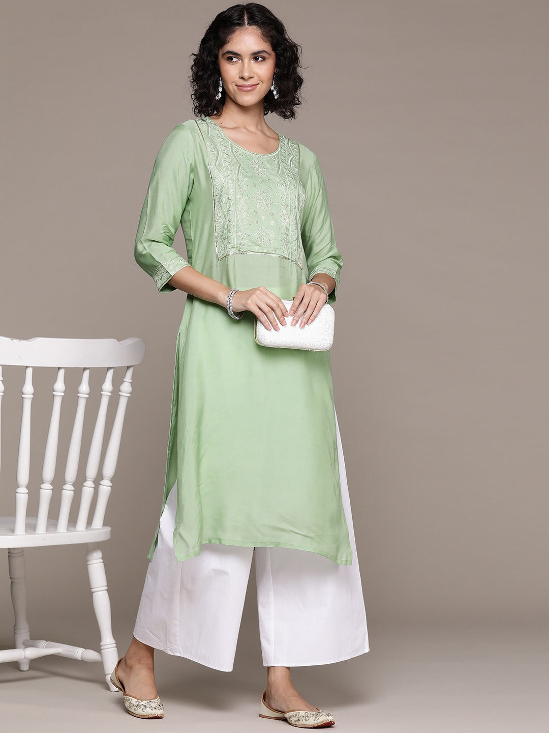 Straight style Silk fabric Green color kurta