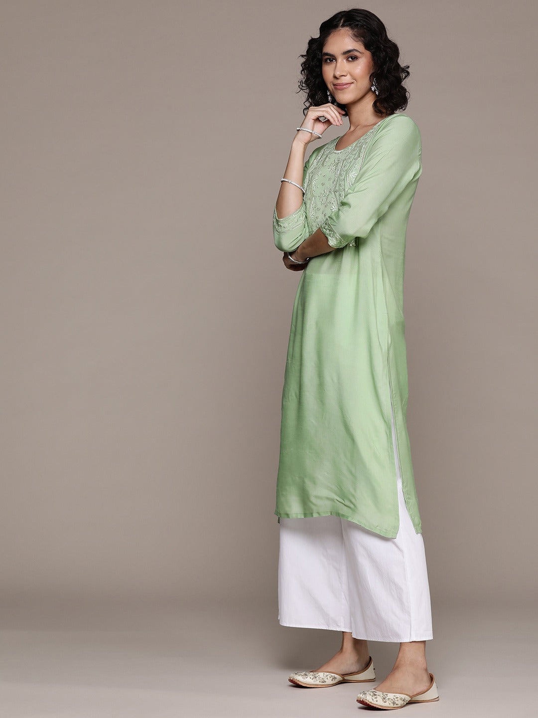 Straight style Silk fabric Green color kurta