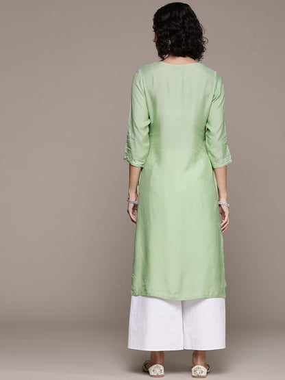 Straight style Silk fabric Green color kurta