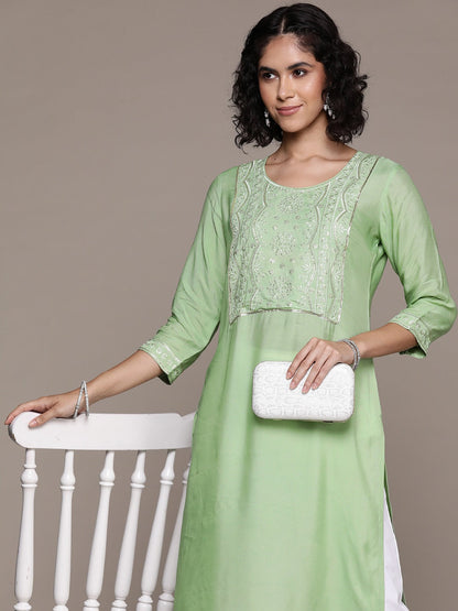 Straight style Silk fabric Green color kurta