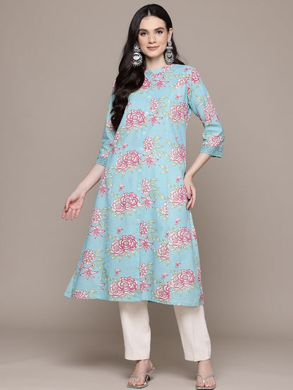 A Line Style Cotton Fabric Blue Color Kurta