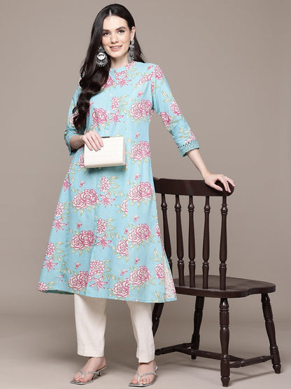 A Line Style Cotton Fabric Blue Color Kurta