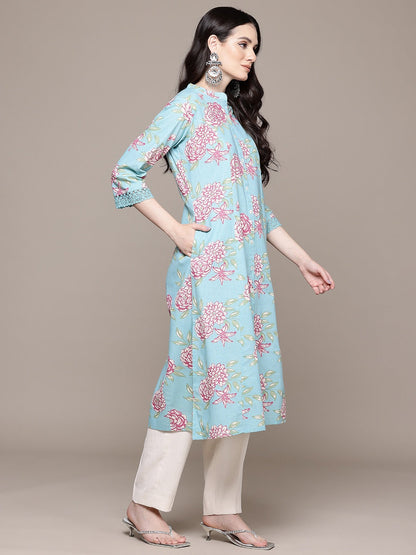 A Line Style Cotton Fabric Blue Color Kurta