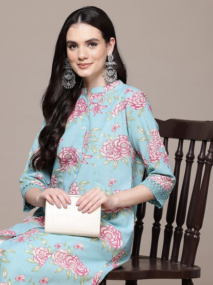 A Line Style Cotton Fabric Blue Color Kurta