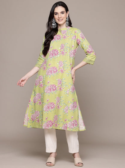 A Line Style Cotton Fabric Green Color Kurta