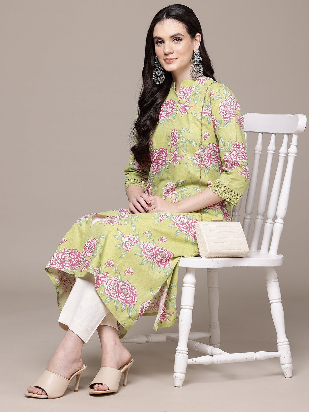 A Line Style Cotton Fabric Green Color Kurta