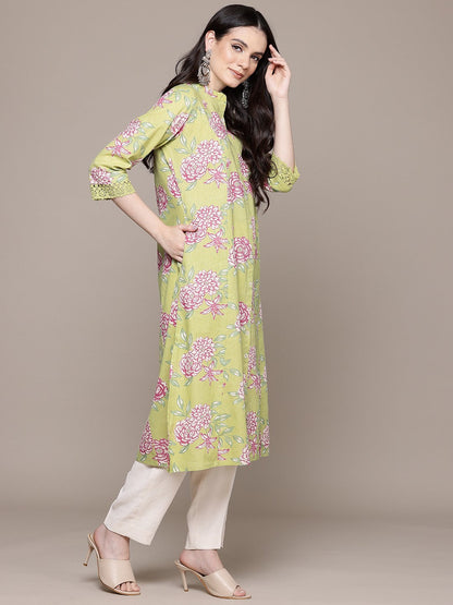 A Line Style Cotton Fabric Green Color Kurta