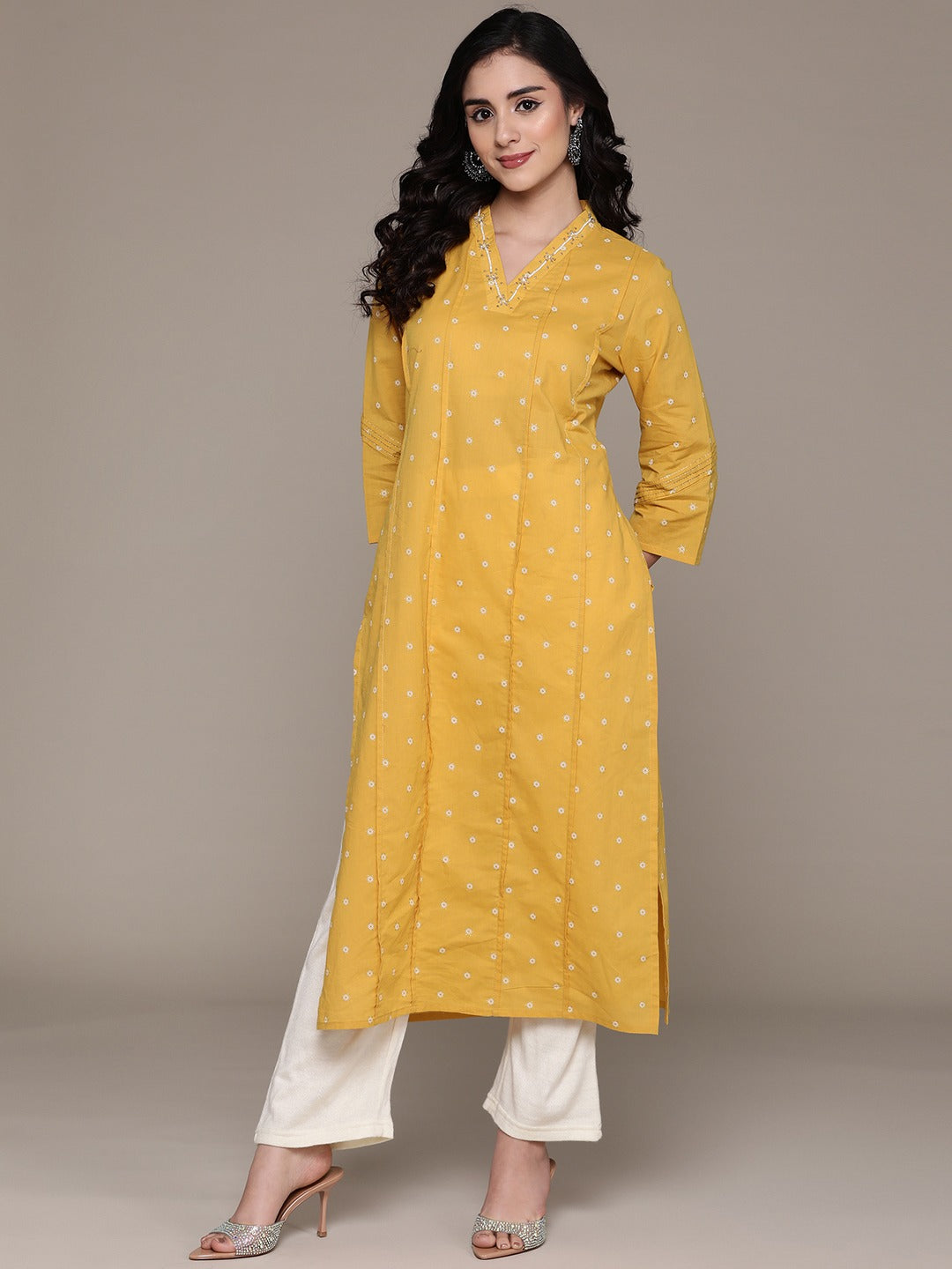 Straight Style Cotton Fabric Mustard Color Kurta