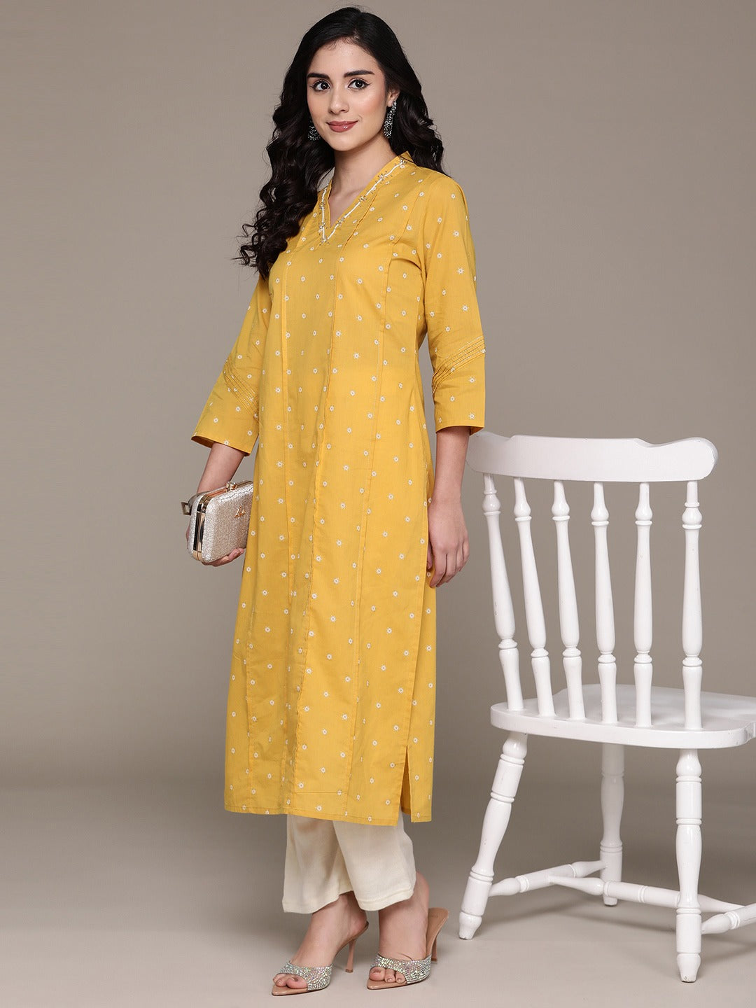 Straight Style Cotton Fabric Mustard Color Kurta