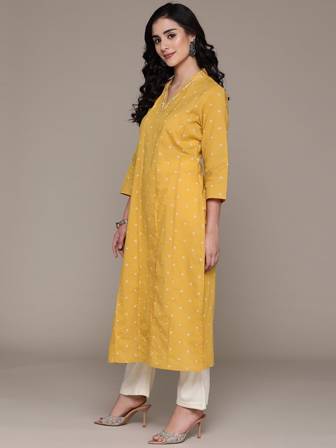 Straight Style Cotton Fabric Mustard Color Kurta