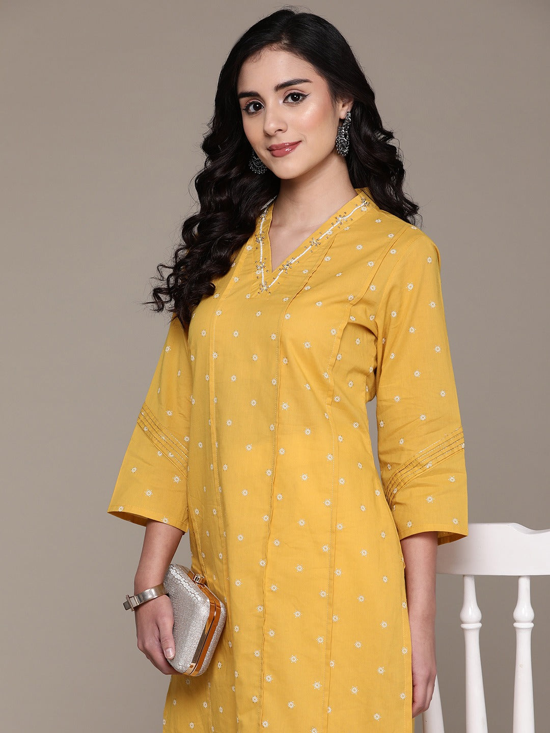 Straight Style Cotton Fabric Mustard Color Kurta