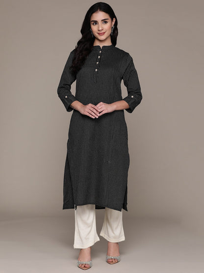 A Line Style Cotton Fabric Black Color Kurta