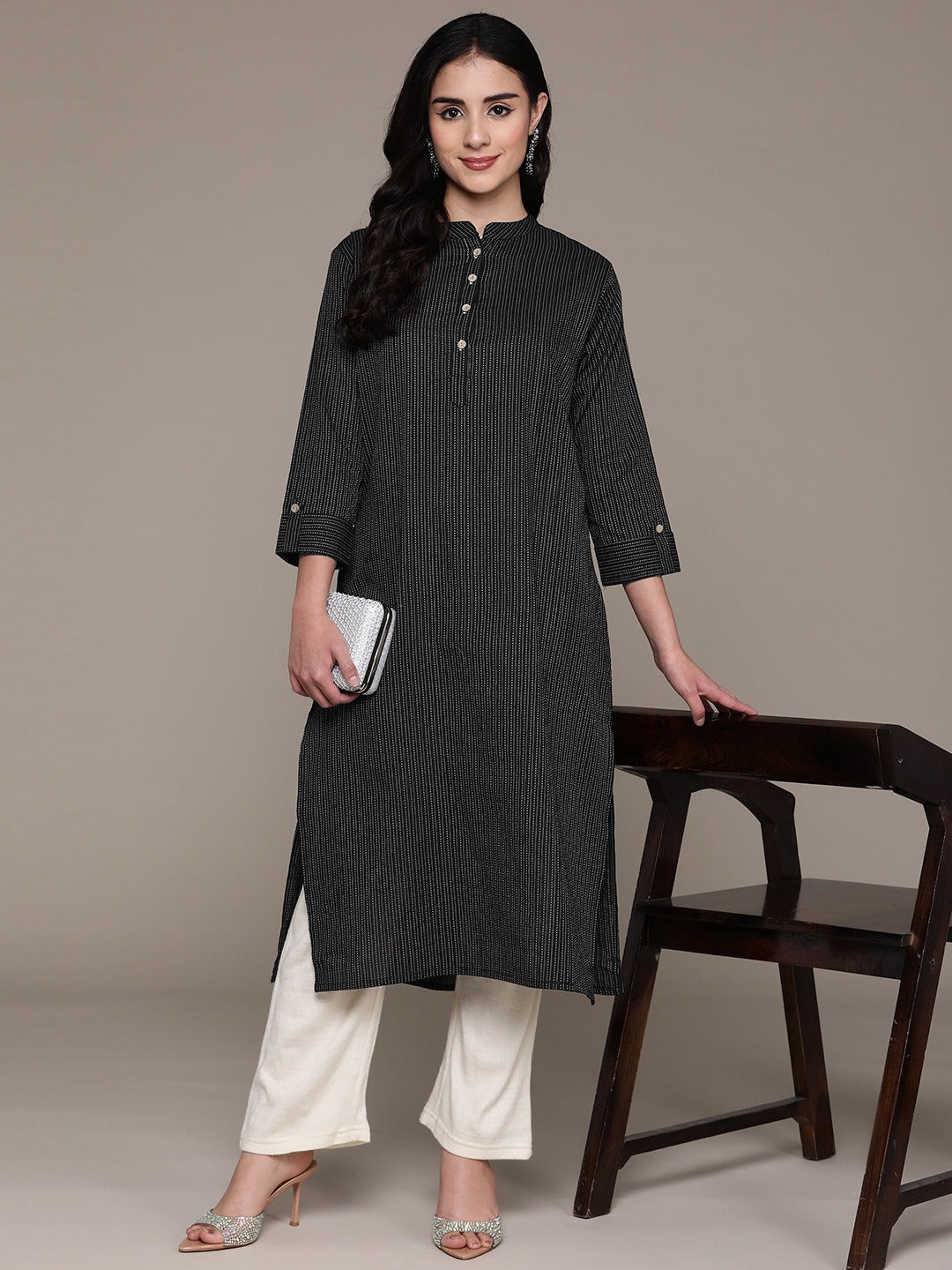 A Line Style Cotton Fabric Black Color Kurta