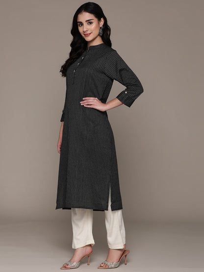 A Line Style Cotton Fabric Black Color Kurta