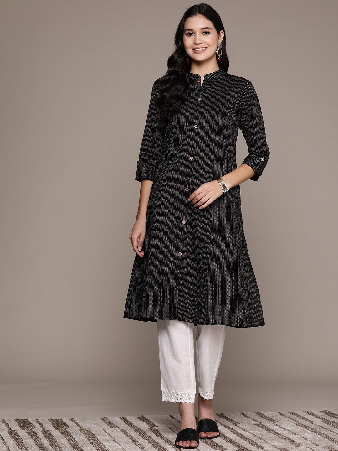 A Line Style Cotton Fabric Black Color Kurta