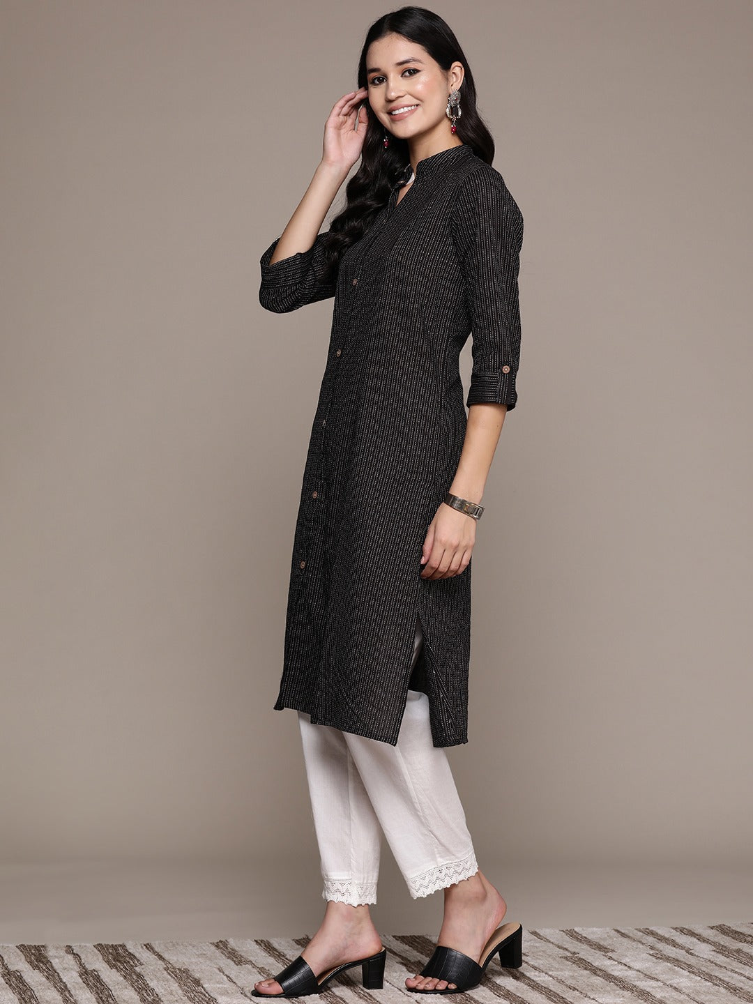 A Line Style Cotton Fabric Black Color Kurta