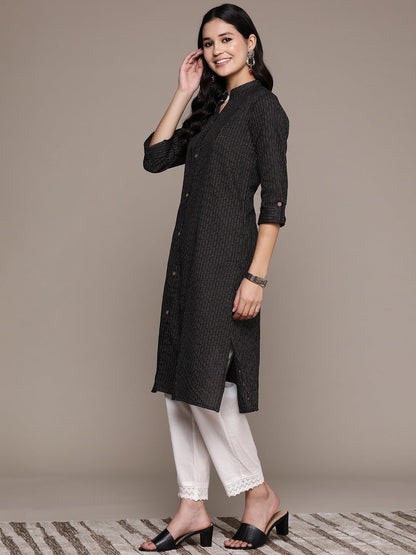 A Line Style Cotton Fabric Black Color Kurta