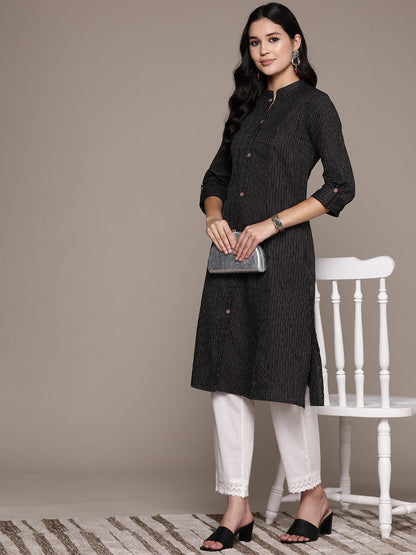 A Line Style Cotton Fabric Black Color Kurta