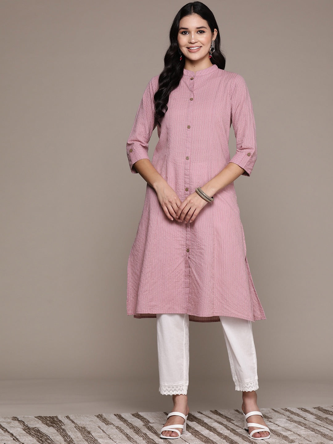 A Line Style Cotton Fabric Mauve Color Kurta