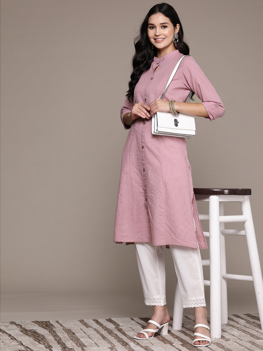 A Line Style Cotton Fabric Mauve Color Kurta