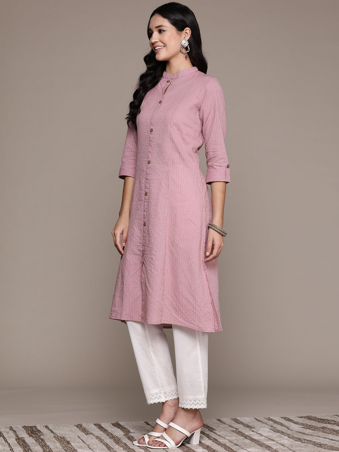 A Line Style Cotton Fabric Mauve Color Kurta