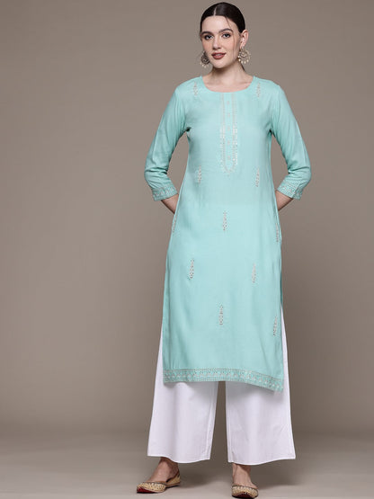 Straight style Rayon fabric Blue color kurta