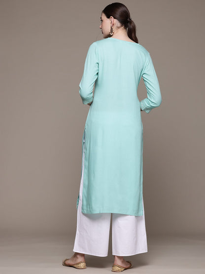 Straight style Rayon fabric Blue color kurta