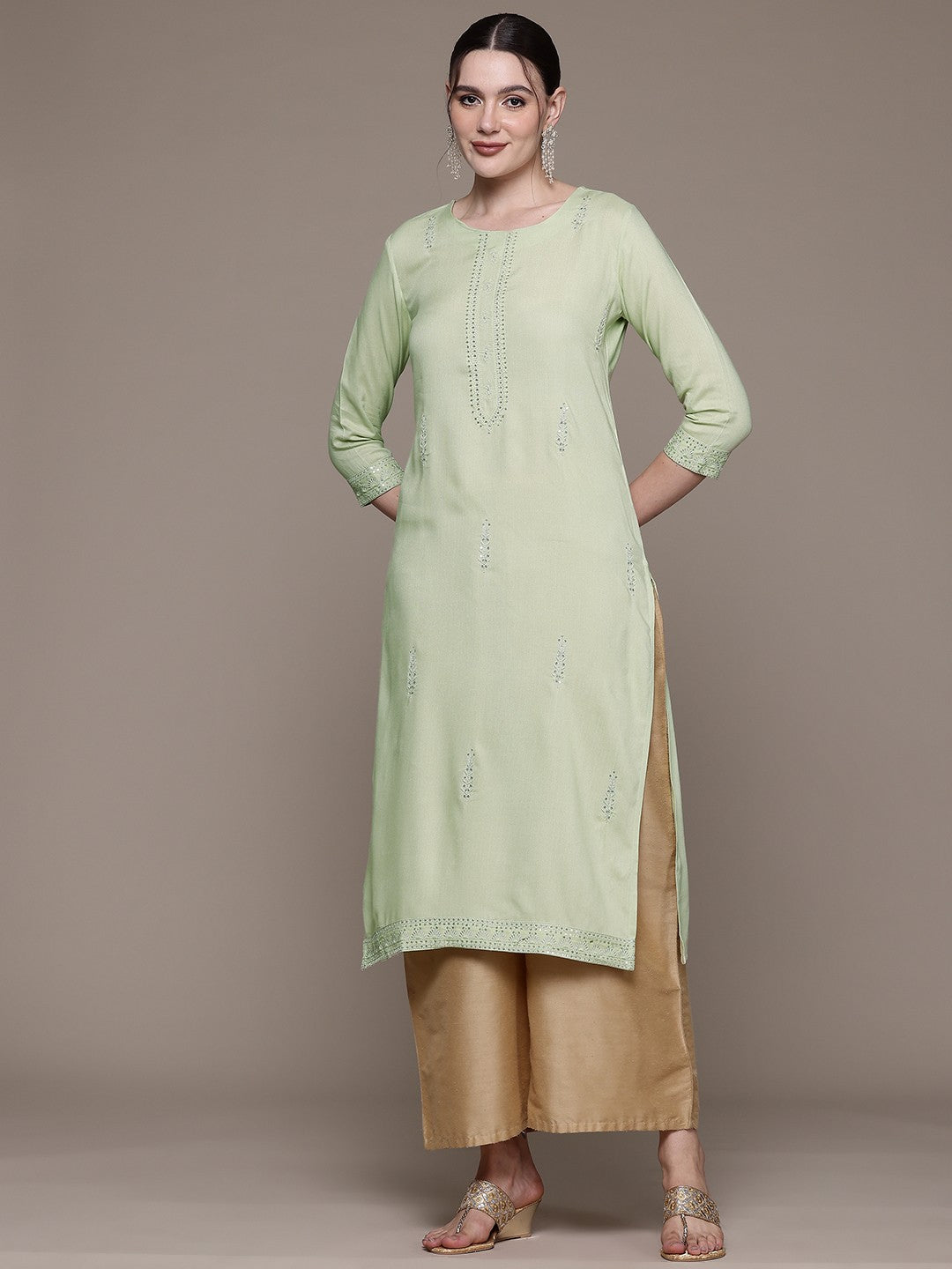 Straight style Rayon fabric Green color kurta