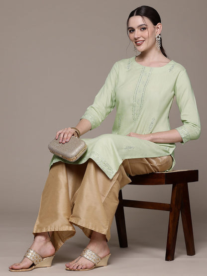 Straight style Rayon fabric Green color kurta