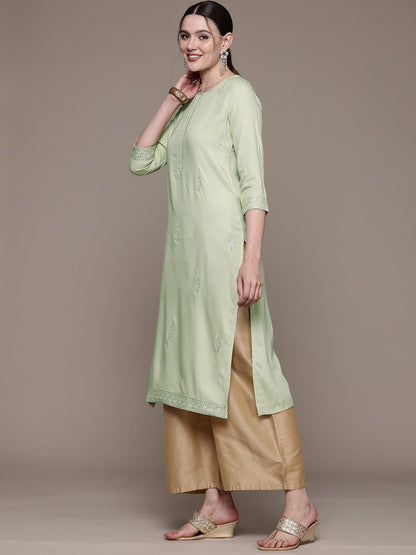 Straight style Rayon fabric Green color kurta