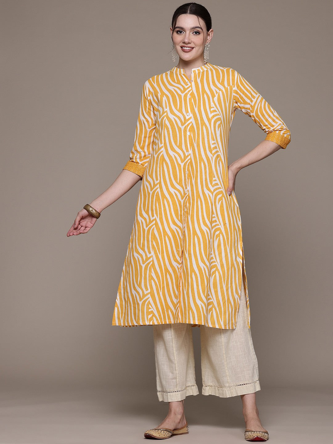 A line style Cotton fabric Yellow color kurta