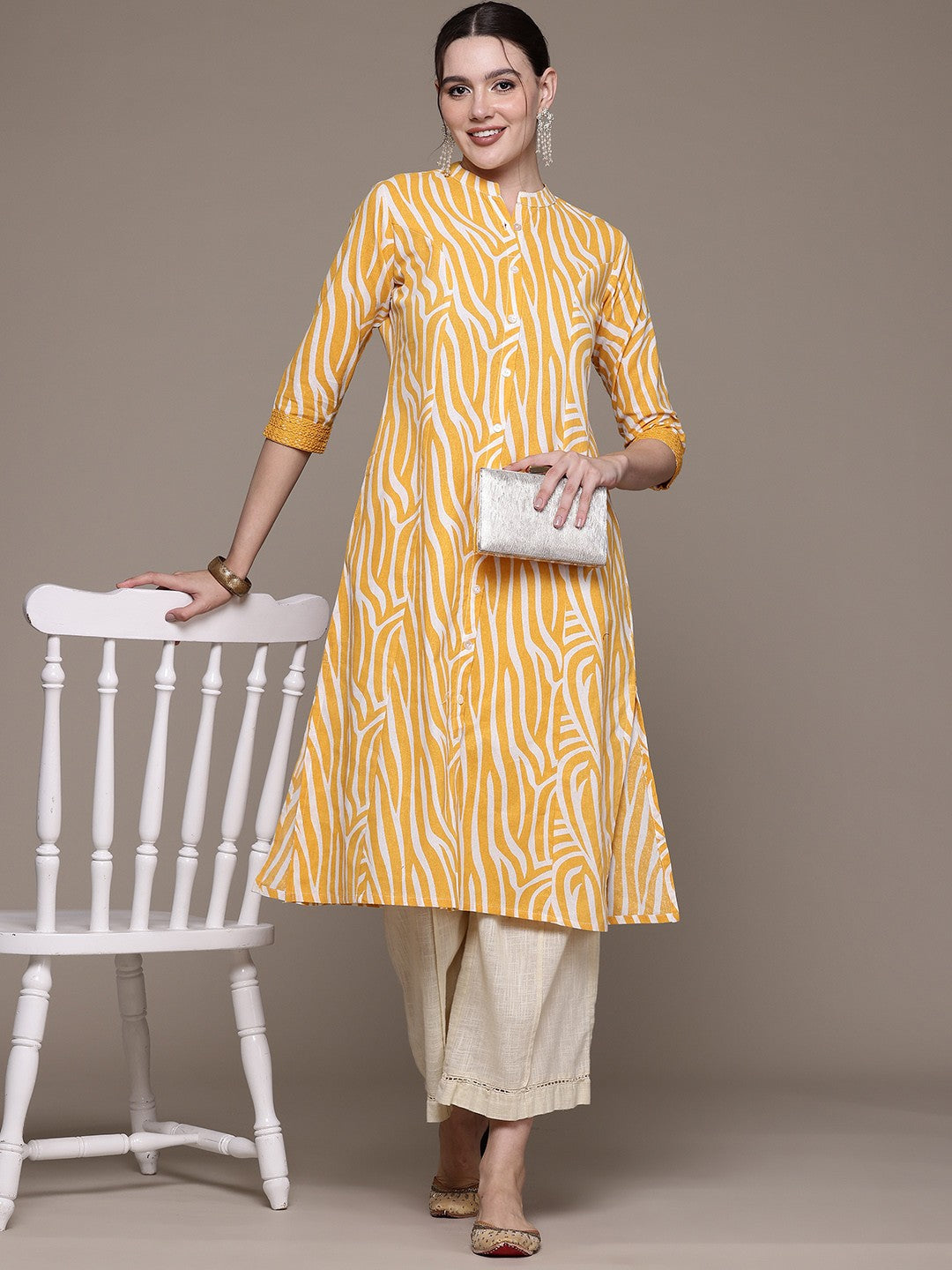 A line style Cotton fabric Yellow color kurta