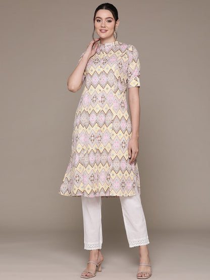 A Line Style Cotton Fabric Multi Color Kurti With Printed Work