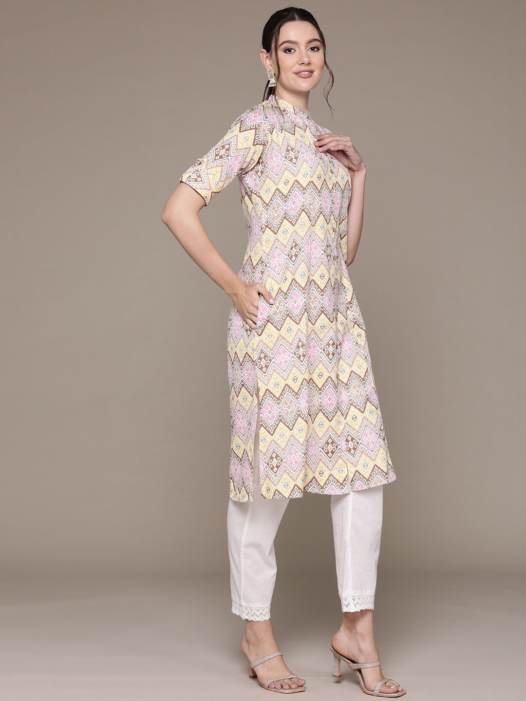 A Line Style Cotton Fabric Multi Color Kurti With Printed Work