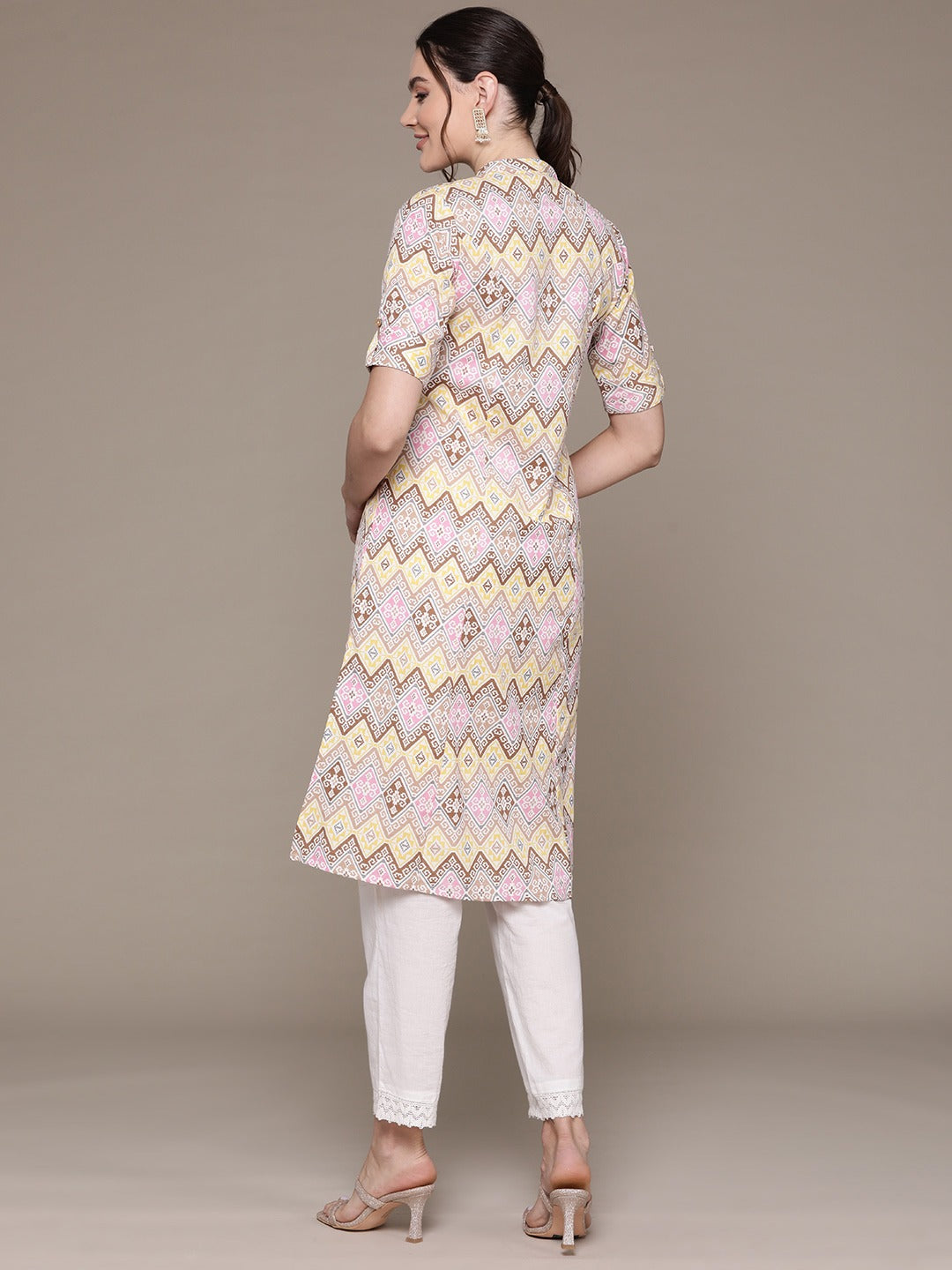 A Line Style Cotton Fabric Multi Color Kurti With Printed Work