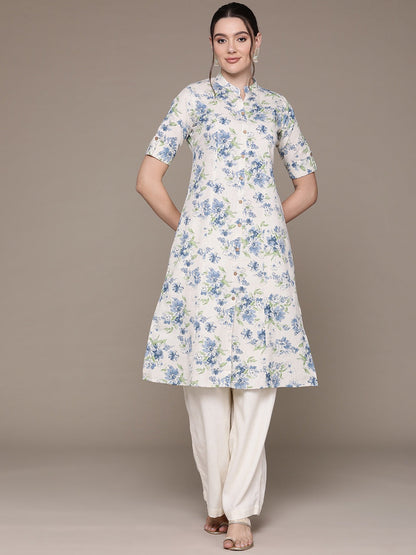 A Line Style Cotton Fabric Blue Color Kurti With Floral Printed Work