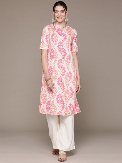 A Line Style Cotton Fabric Pink Color Kurti With Printed Work